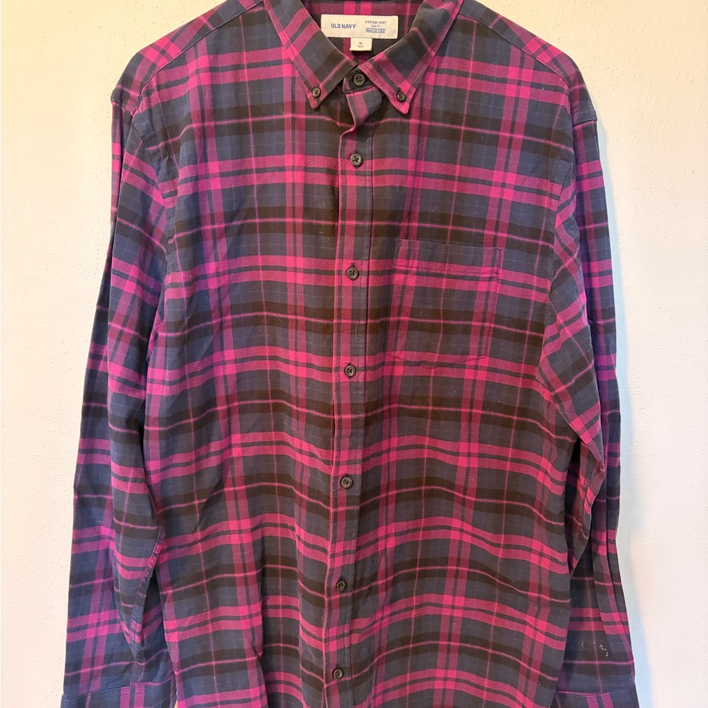 Old Navy Men's Casual Pink and Black Plaid Shirt